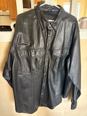 Men's Black Leather Jacket - Classic Button-Front Shirt Jacket
